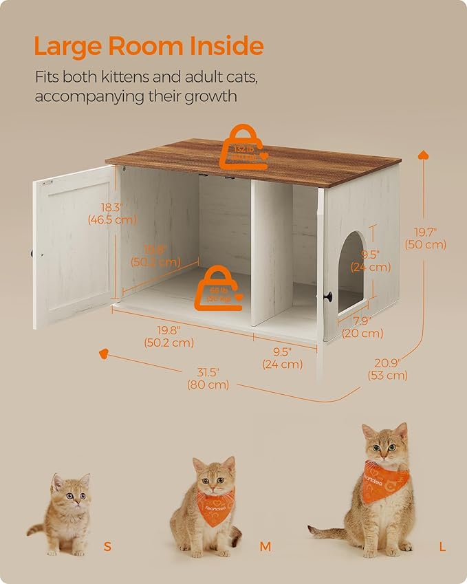 Feandrea Cat Litter Box Enclosure, Litter Box Furniture Hidden with Removable Divider, Indoor Cat House, End Table, 31.5 x 20.9 x 19.7 Inches, Honey Brown and Rustic White UPCL002P01-Mewly Pet