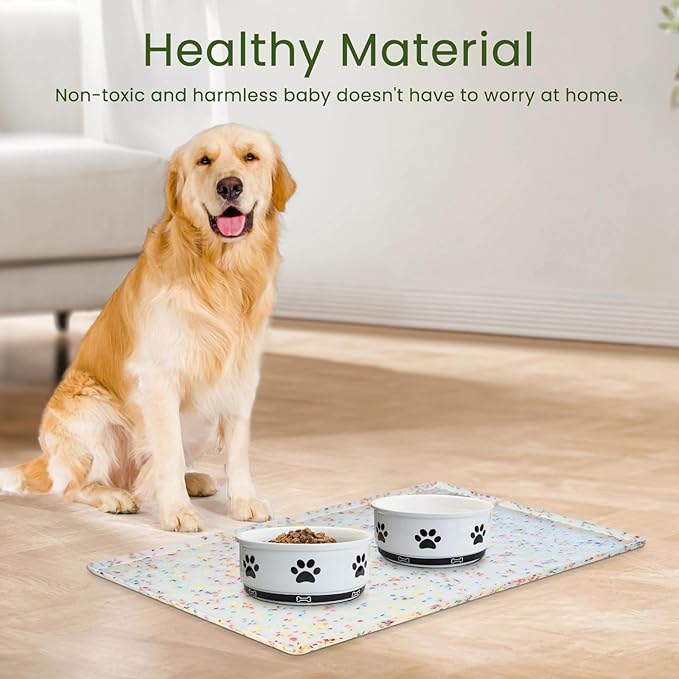 Ptlom Dog Food Mat Anti-Slip Dog Bowl Mats for Food and Water, Waterproof Pet Placemat Prevents Messy Spill to Floor, Silicone Puppy Feeding Tray for Small, Medium and Large Dogs Cats-Mewly Pet