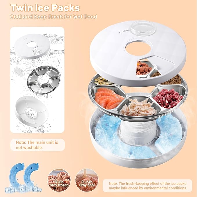 Automatic Cat Feeder Wet Food, Battery Operated Auto Feeder with 2 Ice Packs, Digital Cordless Pet Fresh Food Bowl with Timer and Memory Function for Cats Small Dogs (6-Meal Stainless Steel)-Mewly Pet
