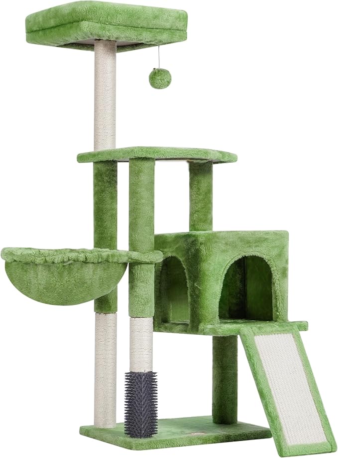 Heybly Cat Tree with Cat Self Groomer Brush, Cat Tower Condo for Indoor Cats with Padded Plush Perch, Cat House with Basket Scratching Board Post, Green HCT005SGR-Mewly Pet