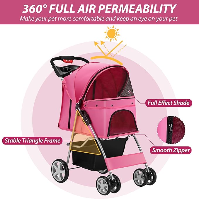 4 Wheels Pet Stroller for Small Medium Dogs Cats 10-33 lbs, Foldable Dog and Cat Stroller with Cup Holder & Storage Basket & Breathable Mesh, Pet Strolling Cart for All-Season, Pink-Mewly Pet