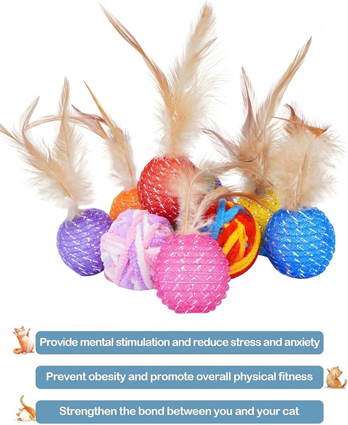 PET SHOW 10 Pack Cat Toys - Woolen Yarn Cat Balls, Interactive Mesh Feather Ball, String Toy for Indoor Cats, Chase Training Activity for Kittens-Mewly Pet