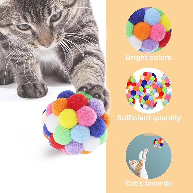 9PCS Cat Toy Balls, 1,75'' Soft Pom Pom Balls for Kittens, Colorful Soft Fuzzy Balls for Cats, Interactive Playing Chewing Toys for Indoor Cats and Kittens, Cute Kitten Kitty Toys-Mewly Pet