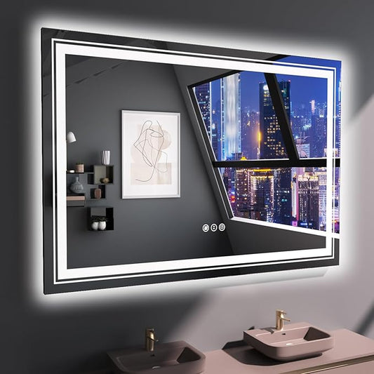 LED Bathroom Mirror, 48"X40" with Front and Backlit, Anti-Fog, Large Bathroom Vanity Mirror for Wall, Memory Function, Stepless Dimmable, Tempered Glass (Horizontal/Vertical)
