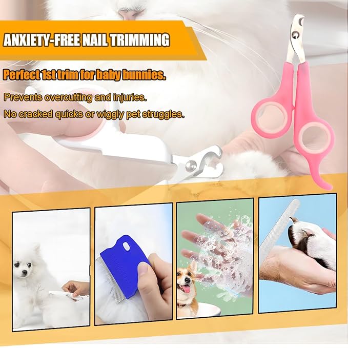 Rabbit Grooming Kit – Bunny Grooming Kit with Shedding Brush, Nail Clippers & Comb – Small Animal Grooming Supplies for Rabbits, Guinea Pigs, Hamsters, Ferrets - Small Pet Shedding & Care (Pink)-Mewly Pet