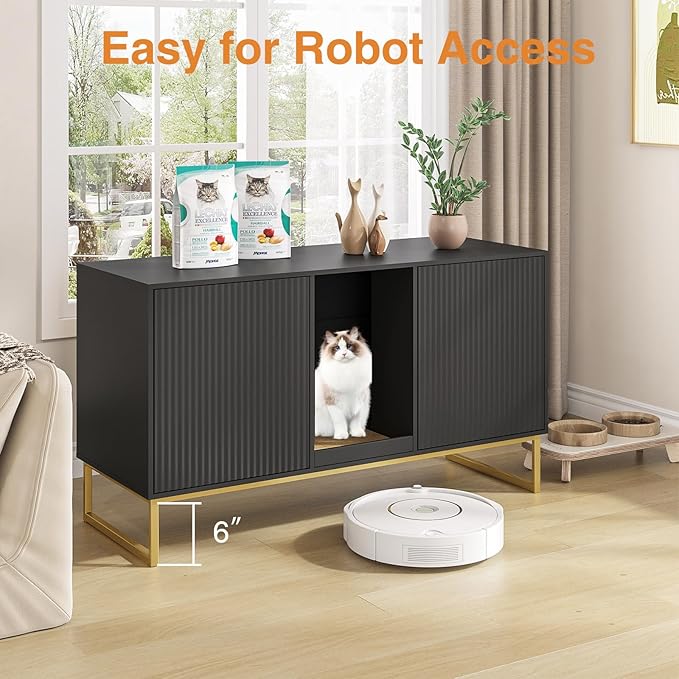 Litter Box Enclosure for 2 Cats, Fluted Hidden Cat Litter Box Furniture with Scratch Pad and Metal Legs, Modern Double Room Kitty House for Living Room, Washroom, 47.2”L x 17.7”W x 25.9”H, Black-Mewly Pet