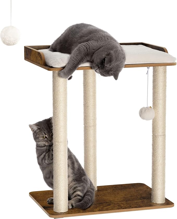 FourFurPets 26.7in Large Cat Tree Tower Condo, Cat Scratch Posts for Indoor Cats, Big Plate, Three 23.6in Full Sisal Scratching Posts, Rustic Brown-Mewly Pet