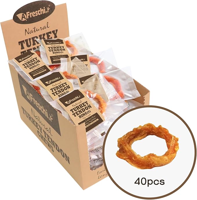 Afreschi Natural Turkey Tendon Ring (S) 40 Units/Box, Dog Treats for Signature Series, All Natural Human Grade Puppy Chew, USA-Sourced Turkey Tendon, Hypoallergenic, Rawhide Alternative-Mewly Pet