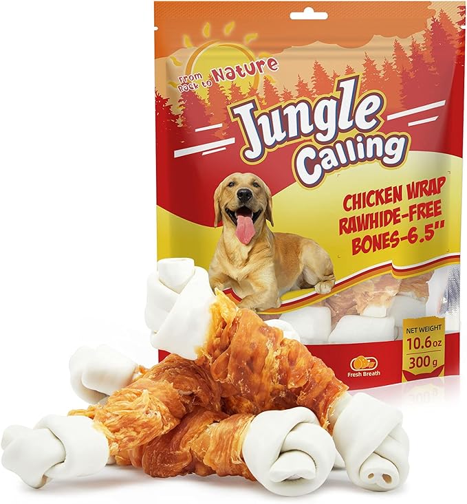 Jungle Calling Rawhide Free Dog Bones, 6.5" Real Chicken Wrapped Dog Chew Bones for Medium and Large Dogs Training Treats-Mewly Pet