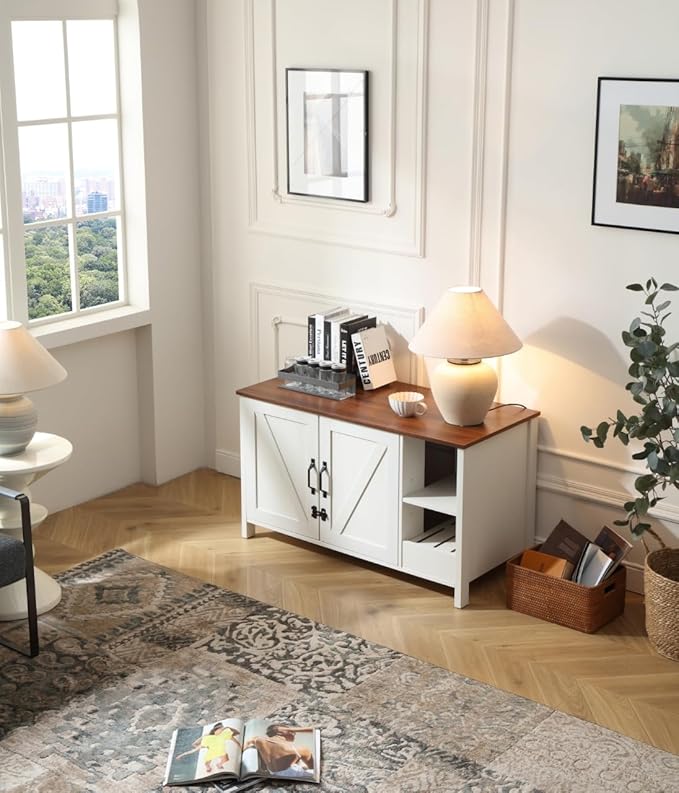 41.3'' Cat Litter Enclosure,Adjustable Shelf for Dog Proof and Storage,Locks Added for Cat, Litter Collector,Small Indoor Cat House,Antique White-Mewly Pet