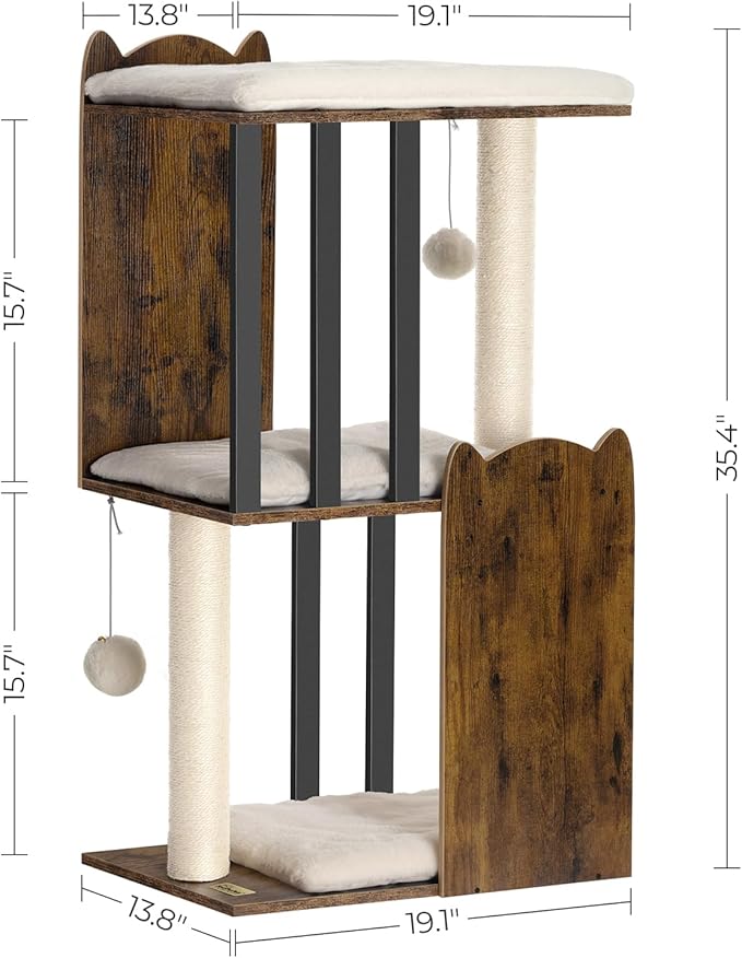 FourFurPets 35.4in 3-Tier Modern Cat Tree Tower Condo, Cat Scratch Posts for Indoor Cats, Big Plate, Two Full Sisal Scratching Posts, Rustic Brown-Mewly Pet