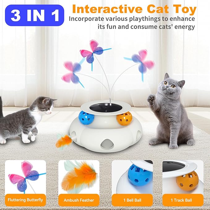 Interactive Cat Toys for Indoor Cats, 3in1 Rechargeable Pet Teaser Toy with Ambush Feather Wand, Fluttering Butterfly and Track Balls, Touch Activated Automatic Kitten Toys with Remote Control-Mewly Pet