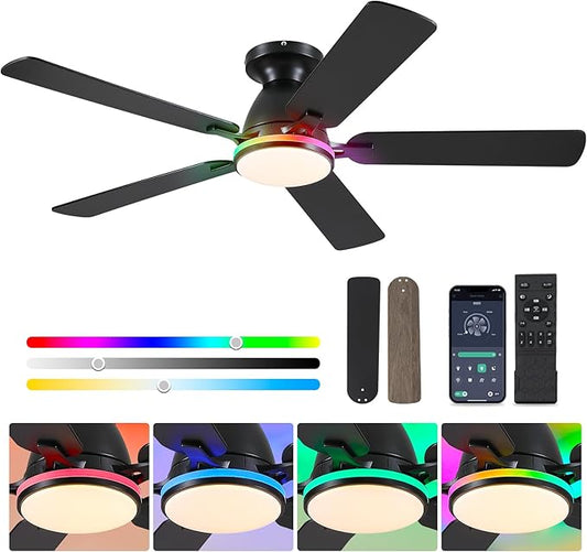 Ceiling Fans with Lights- 52" RGB Low Profile Indoor Ceiling Fan with Light and Remote/APP Control, Flush Mount, LED Dimmable DC Reversible Modern Ceiling Fan for Bedroom（Black）