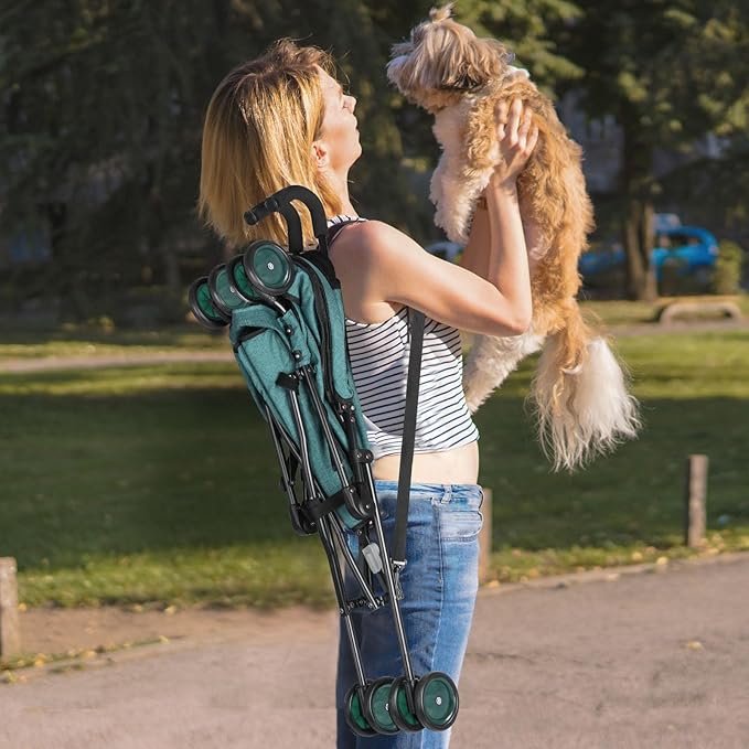 Umbrella Dog Stroller, 4 Wheels Pet Strolling, Foldable Carrier Pet Stroller for Small Dogs Cats, with Carrying Strap and Cup Holder, Dog Poop Bags & Dispenser, Up to 33 lbs, Dark Green-Mewly Pet