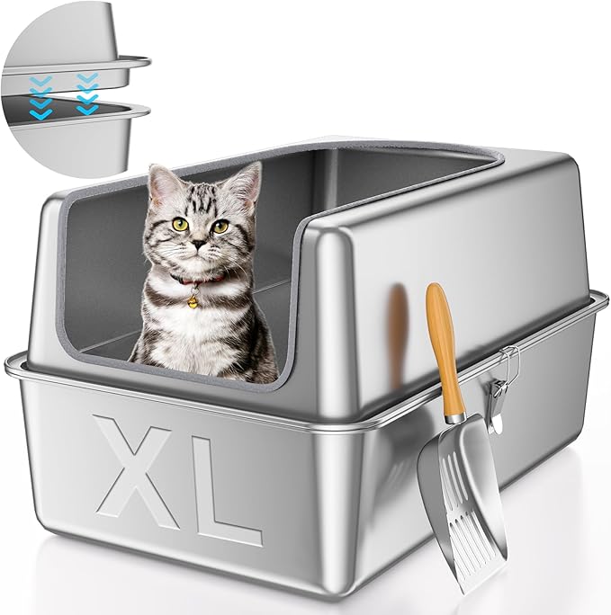 12'' High Sides XL All Stainless Steel Cat Litter Box with Lid,Deep Metal Litter Box for Big Cats,Extra Large Litter Boxes with High Wall Enclosure,Anti-Leakage,Never Absorbs Odors,Non-Sticky Surface-Mewly Pet