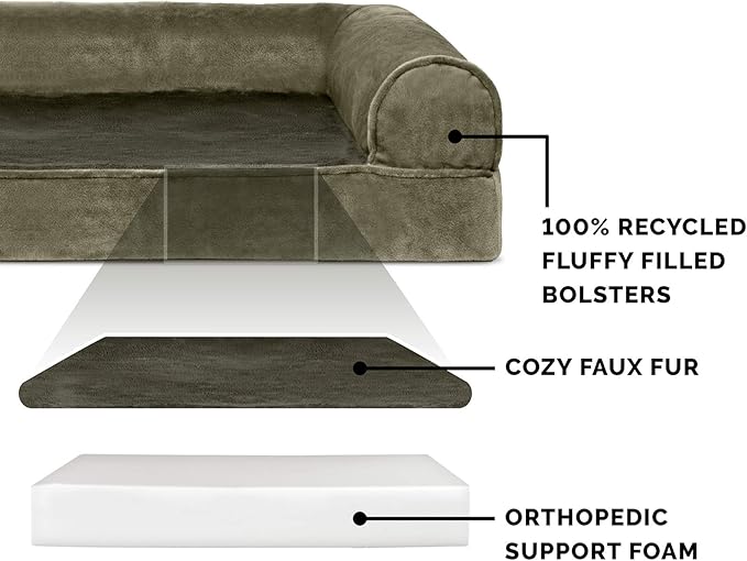 Furhaven Orthopedic Dog Bed for Large Dogs w/ Removable Bolsters & Washable Cover, For Dogs Up to 125 lbs - Faux Fur & Velvet Sofa - Dark Sage, Jumbo Plus/XXL-Mewly Pet