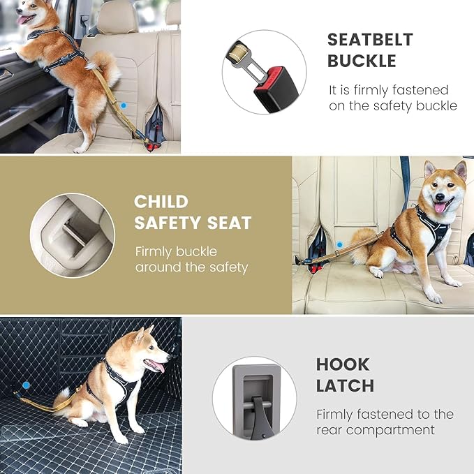 IOKHEIRA Dog Seat Belt 3-in-1 Car Harness for Dogs Adjustable Safety Seatbelt for Car Durable Nylon Reflective Bungee Fabric Tether with Clip Hook Latch & Buckle, Swivel Zinc Alloy Carabiner Green-Mewly Pet