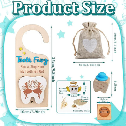 4Pcs Tooth Fairy Door Holder - Wooden Door Hanger Gift Set with Keepsake Box and Bag & Reward Badge, Gifts and Bedroom Decorations Suitable for Lost Teeth Girls and Boys