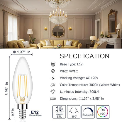 Honesorn E12 LED Bulb Dimmable, 60-Watt Equivalent, Candelabra Led Light Bulbs, 3000k Warm White, Type B Chandelier Light Bulb for Ceiling Fan, C35 B11 Candle led for Candelabra Base, 6 Pack