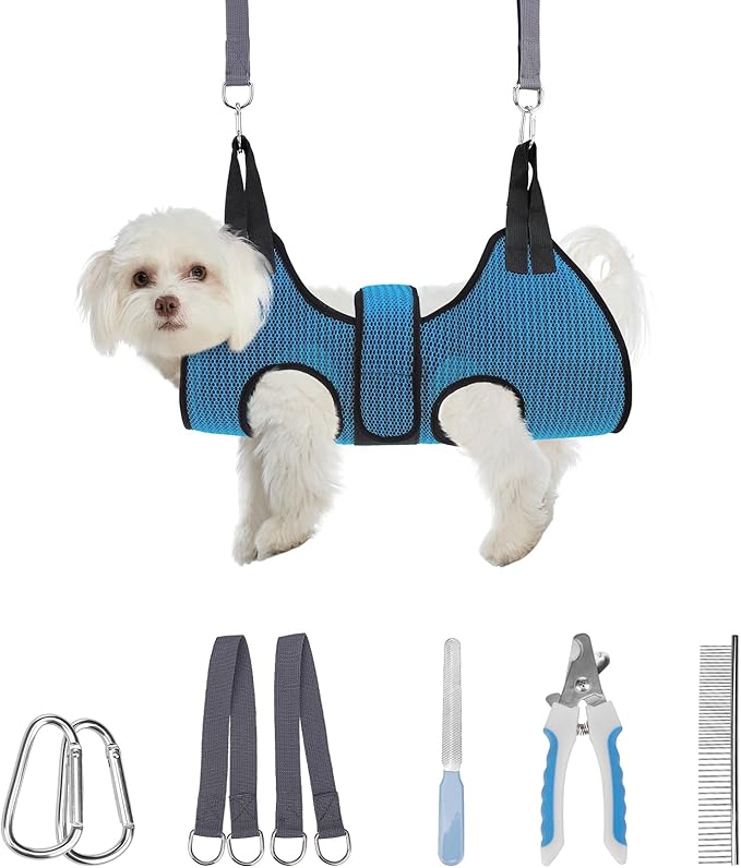 PAWCHIE Dog Grooming Hammock Harness for Dog Cat with Pet Nail Clipper Trimmer-Breathable Cat Hanger Sling for Trimming Clipping Nails-Dog Hammock Restraint Bag for Small Medium Large Dog,Dark Blue XS-Mewly Pet