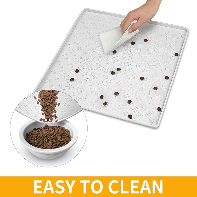 Ptlom Pet Placemat for Dog and Cat, Waterproof Silicone Pet Feeding Bowl Mats for Food and Water, Small Medium Large Dogs Mat Prevent Residues from Spilling to Floor, White, 11.8"x11.8"-Mewly Pet