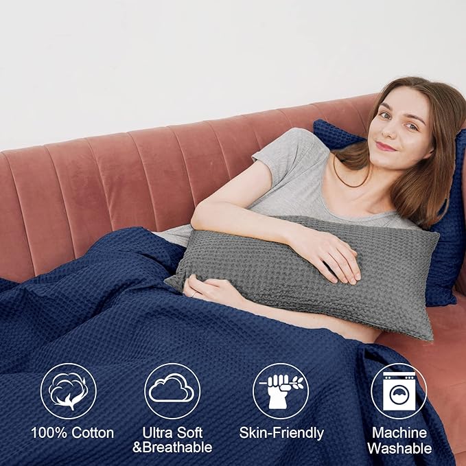 PHF 100% Cotton Waffle Weave Throw Blanket，Pre-Washed Snag Proof Lightweight Breathable Moisture-Wicking Layering in Cold Weather for Couch Bed,Machine Washable,Home Decor Gift-Navy Blue/Bright Blue