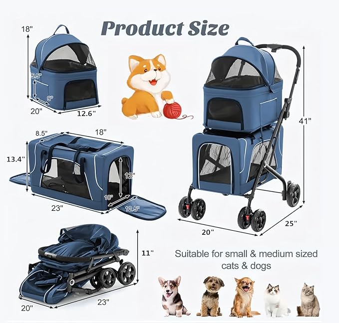 Pet Stroller with 2 Detachable Carriers, Folding Design, Large Capacity for Cats and Small Dogs, Navy, Medium-Mewly Pet
