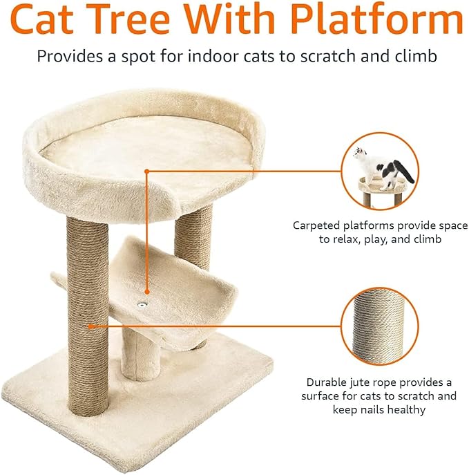Amazon Basics Multi- Platform Cat Tree with Scratching Post for Indoor Cats up to 25lbs, 18 x 14 x 22 Inches, Beige-Mewly Pet