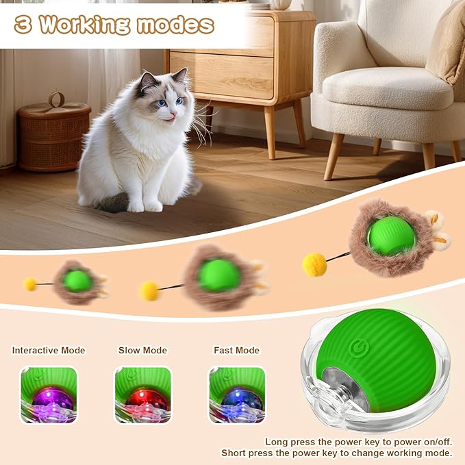 Rocfish Interactive Cat Toys Ball - Automatic Fast Rolling Ball in Play Mat, Hide and Seek Mouse Catching Game, Low-Noise Cat Enrichment Toys in Pouch for Indoor Bored Cats (Green Toy & Round Mat)-Mewly Pet