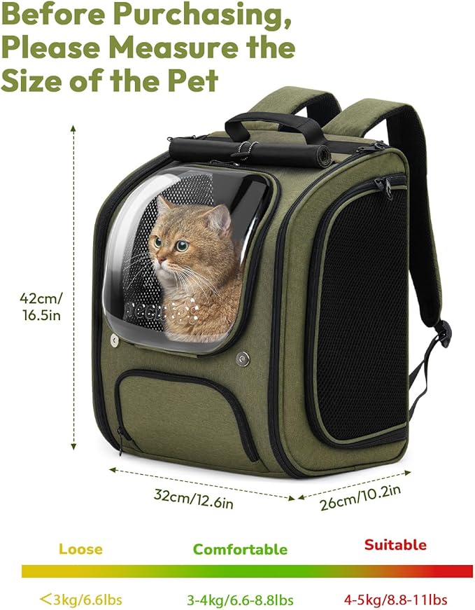 Pecute Cat Backpack Carrier, Large Space Cat Bubble Backpack, Breathable Cat Carrier, Shaded Dog Backpack Carrier, Ergonomic 3D Design for Travel, Hiking, Suitable for Shopping, and Vet, Green-Mewly Pet