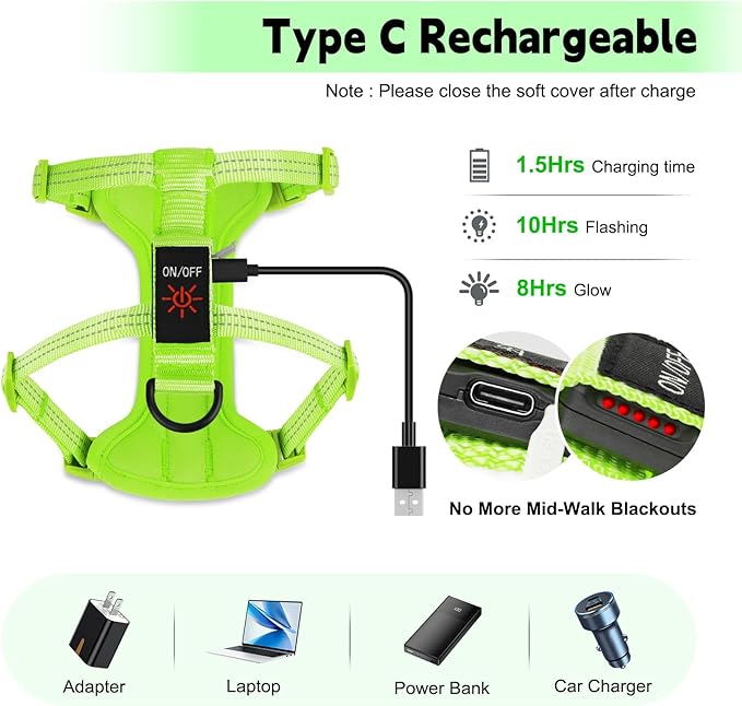 Rechargeable Light Up Dog Harness for Small Dogs – Adjustable LED Dog Vest with Reflective Strips, No Pull Glow in The Dark Puppy Harness for Night Walking Safety-Green-Mewly Pet