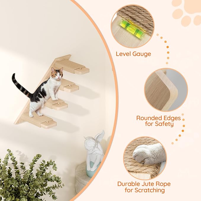HOOBRO Cat Wall Shelf Set of 2, Wall Mounted 4-Level Cat Steps with Jute Scratching Steps, Hammock Wall Mounted, Holds up to 40 lb, Cat Wall Furniture, for Playing, Natural NL41CS03-Mewly Pet
