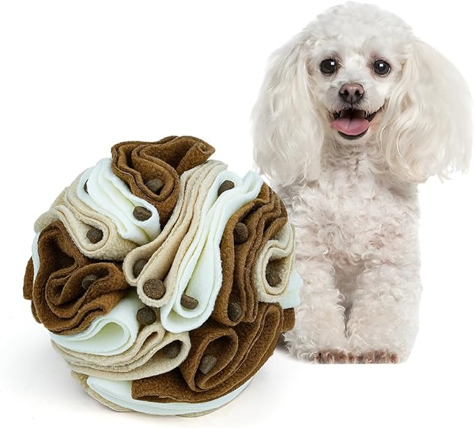 Pet Snuffle Ball, Puzzle Sniffing Interactive Dog Ball for Blind Dogs Training Stress Relief Dog Enrichment Toys Treat Machine Washable (15cm, Milk Tea Brown)-Mewly Pet