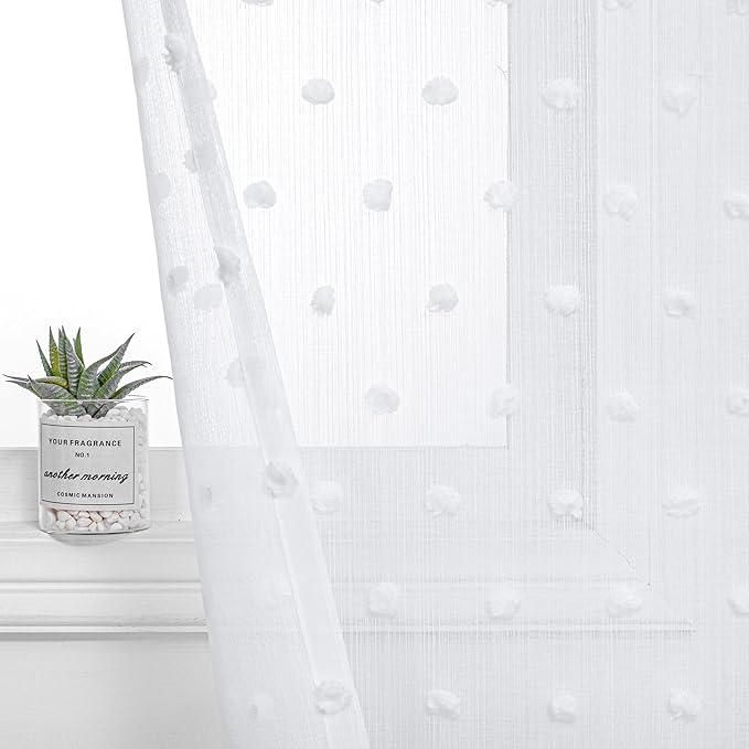 MYSKY HOME Kitchen Curtains 54 Inches Long Small Window Curtains for Bathroom Cafe Bedroom White Pom Pom Curtains for Nursery Boys Room Rod Pocket 2 Pieces Drapes 52 x 54 inch Length