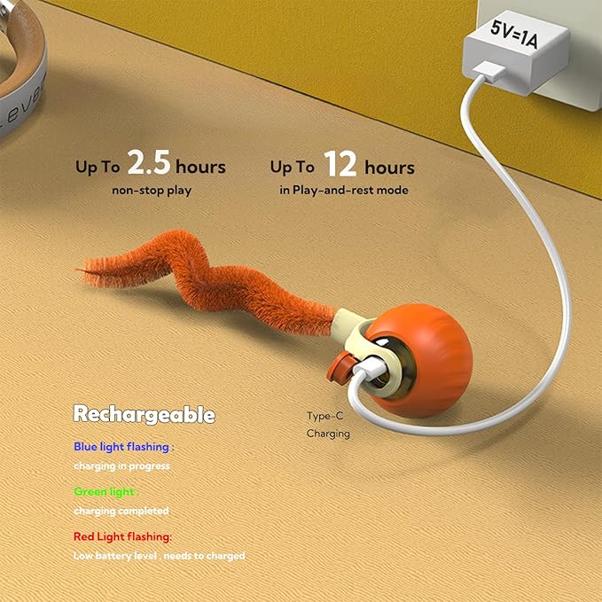 Interactive Cat Toy Ball | Automatic Moving Smart Anti-Depression Pet Toy with Light | Speedy Tail 3.0 Cat Mouse Toy | Electric Rechargeable Enrichment Toy for Indoor Bored Cats & Dogs (Orange)-Mewly Pet