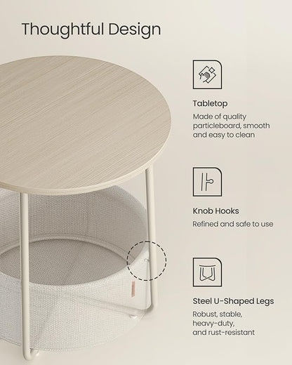 VASAGLE LILEA Collection - Small Round Side End Table, Modern Nightstand with Fabric Basket, Cream White ULET223K67