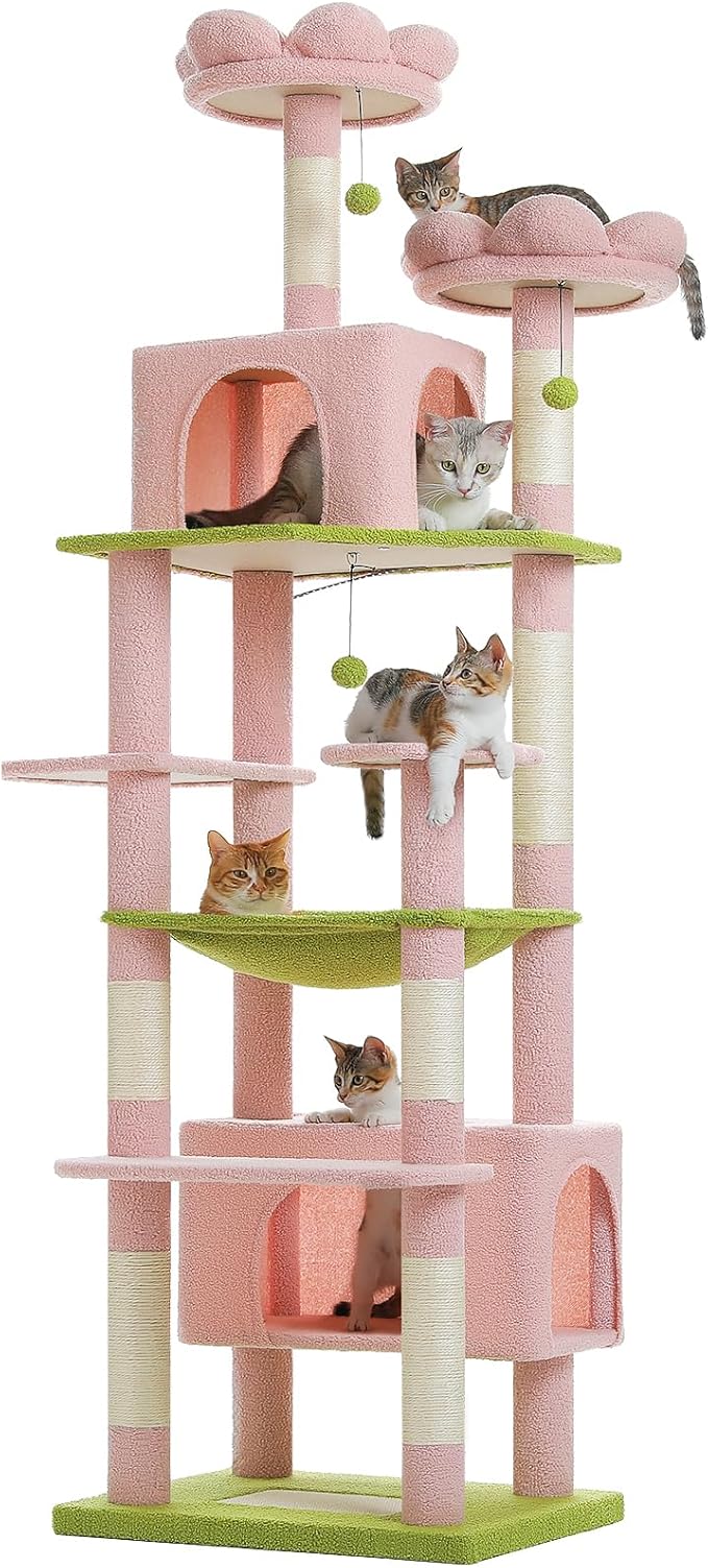 PAWZ Road Flower Cat Tree for Large Cats, 81 Inches Pink Tall Cat Tower with 2 Perches, 2 Condos and Spacious Hammock, XL Extra Large Condo with 7 Scratching Posts for 20lb+ Adult Cats-Mewly Pet