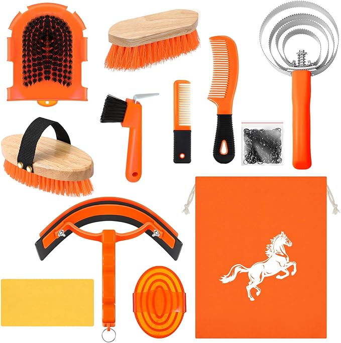 Abbylike 12 Pieces Horse Grooming Kit Racing Festival Tack Room Supplies Horse Brush Sets Equine Care Cleaning Kit Shedding Grooming Massaging Tools(Orange)-Mewly Pet