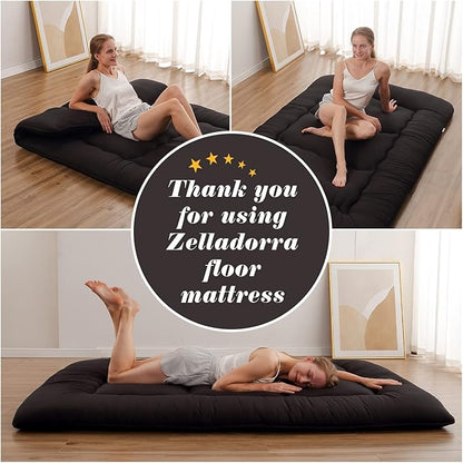 Japanese Floor Mattress, Futon Mattress with Portable Storage Bag and Washable Cover, Roll Up Thick Tatami Mat Suitable for Camping, Guest Room, Black, Twin