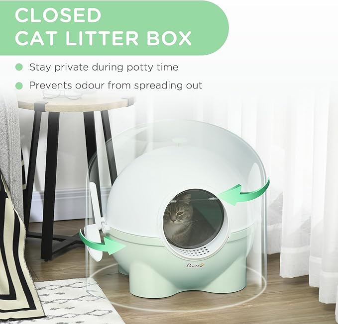 PawHut Hooded Cat Litter Box, Large Kitty Litter Pan with Lid, Scoop, Leaking Sand Pedal, Top Handle, Light Green-Mewly Pet