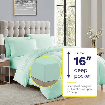 Sweet Home Collection 7 Piece Comforter Set Bag Solid Color All Season Soft Down Alternative Blanket & Luxurious Microfiber Bed Sheets, Mint, Twin XL