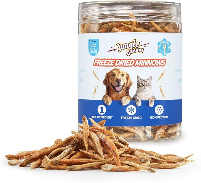 Jungle Calling Freeze Dried Minnows for Cats & Dogs, Single Ingredient Fish Cat & Dog Treats, High Protein Grain Free Pet Training Snacks, 2 oz-Mewly Pet