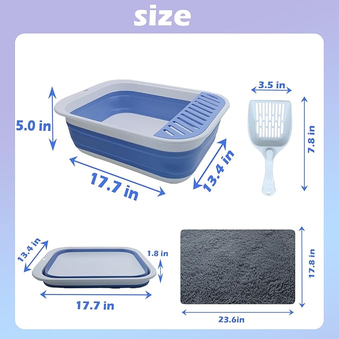 Collapsible Small Cat Litter Box,Open Top Cats Litter Pan with Scoop Foldable Shallow Kitten Potty Toilet Waterproof Cat Travel Litterbox Anti-Splashing Low Entry Semi-Enclosed Easy Clean(Blue)-Mewly Pet