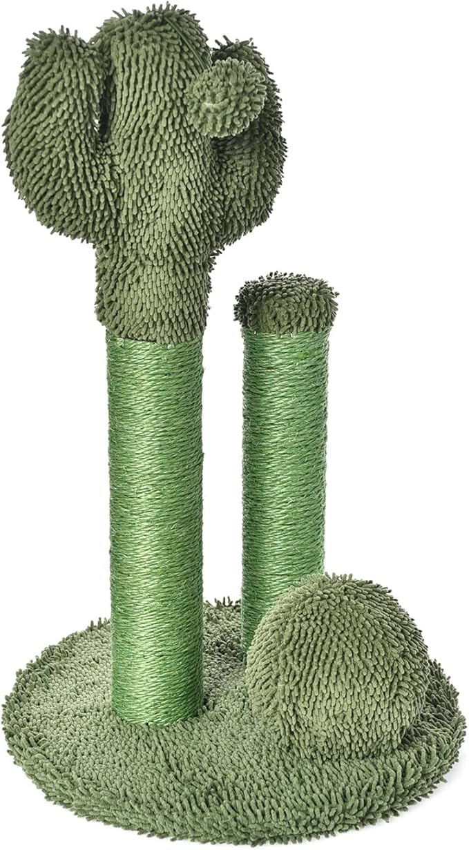 Amazon Basics Cat Scratcher - Indoor Cactus Triple Posts Cat & Kittens Scratching Post with Dangling Ball, Large (27"H) - Green-Mewly Pet