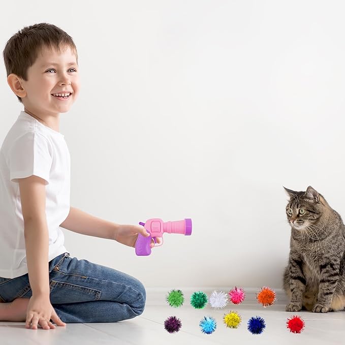 102Pcs Cat Toy Gun Launcher - 100 Sparkle Pom Pom Balls and 2 Ball Launchers, Interactive Fetch Toy Shooter for Indoor Cats and Kitty-Mewly Pet