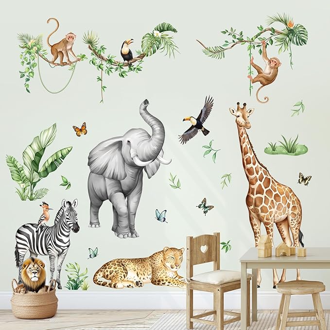 Jungle Safari Animal Wall Decals for Kids Room - Wildlife Wall Stickers Giraffe Elephant Leopard Zebra Monkey Removable Vinyl Nursery Decor for Baby Toddlers Classroom Playroom Wall Decor