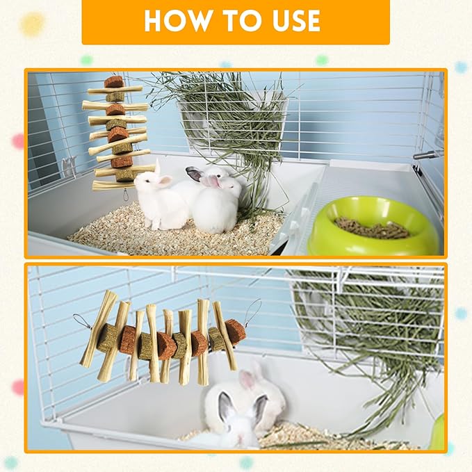 kathson 4 Pcs Bunny Chew Toys for Teeth,Rabbit Hanging Chew Toy Grinding Natural Sweet Bamboo Sticks with Timothy Hay Grass and Carrot Cake for Improve Rodent Small Animals Dental Health-Mewly Pet