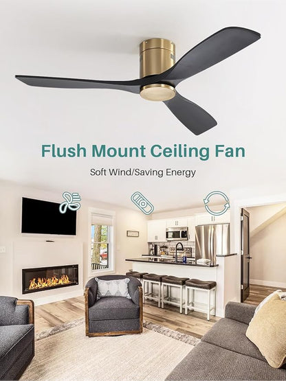 Sofucor 52 Inch Solid Wood Ceiling Fan Without Lights Flush Mount Ceiling Fans with Remote Control-Wood Blades Modern Outdoor Ceiling Fan No Light for Bedroom/Farmhouse/Patio/Indoor, Black Gold