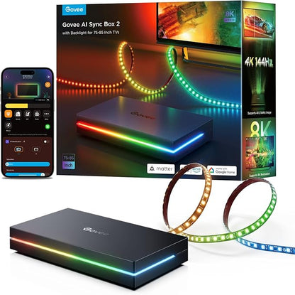 Govee HDMI 2.1 Sync Box 2, AI Sync Box with TV Backlight, Supports 8K@60Hz, 4K@144Hz, VRR and ALLM, Works with Matter and Alexa, RGBIC LED Light Strip for 75-85 inch TVs, 75 LEDs/m