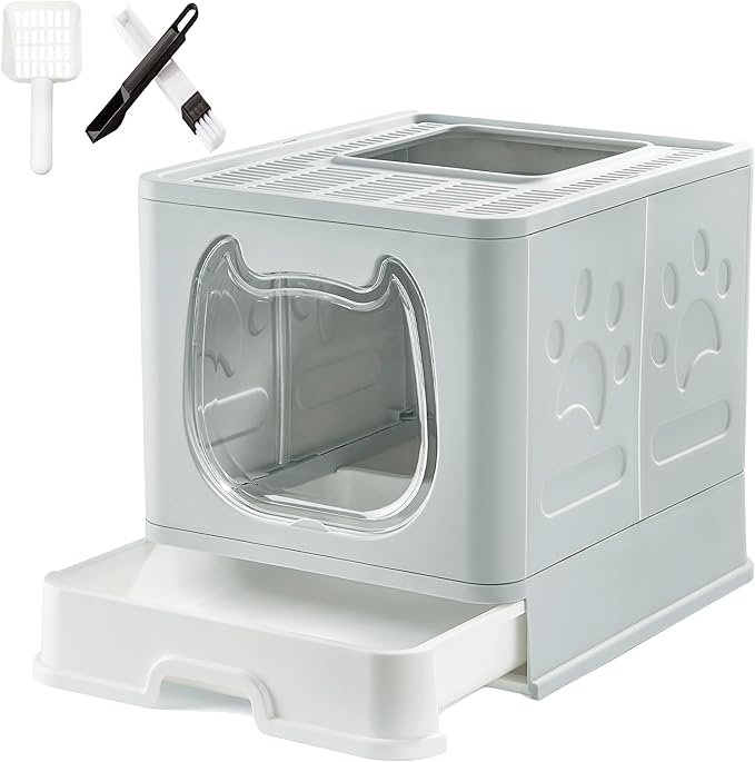 Gefryco Litter Box with Lid for Small to Medium Cats, Enclosed Cat Litter Box with Cover，High Sided Top Entry Cat Box with Brush and Scoop, Cute Kitty Litter Pan with Drawer for Growing Kittens(Grey)-Mewly Pet
